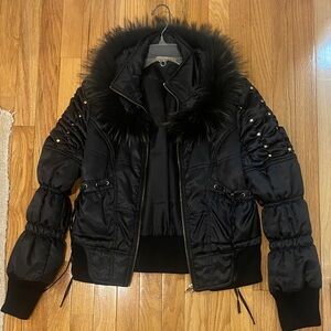 Alberto Makali Black Bomber Jacket with Fur Trim